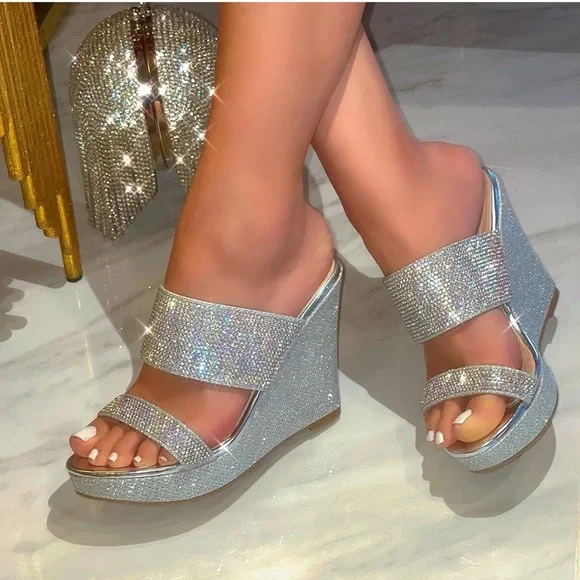 Rhinestone Silver Wedge Sandal - Picture 2 of 7